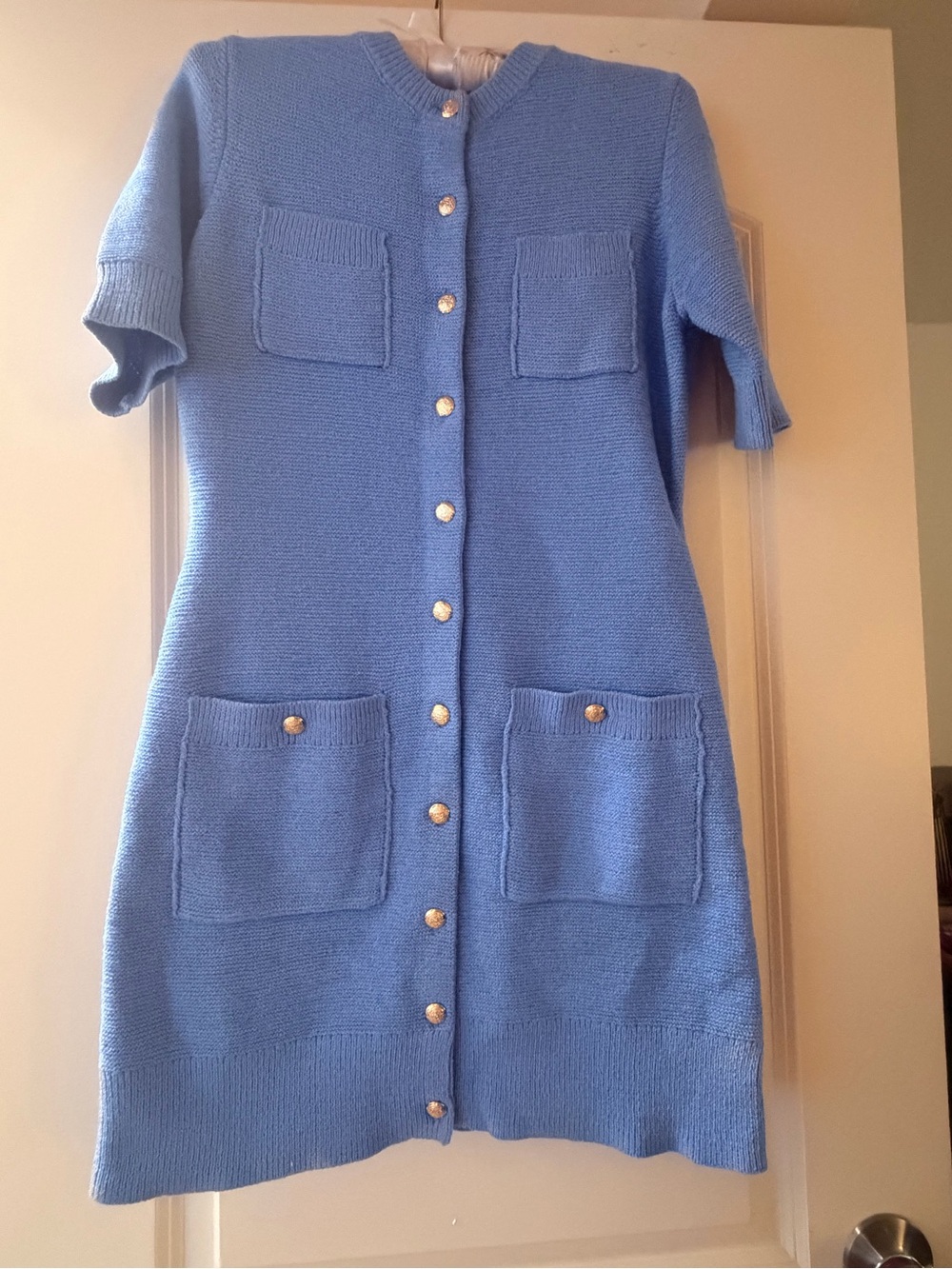 Blue Short-Sleeve Button-Front Knit Dress
